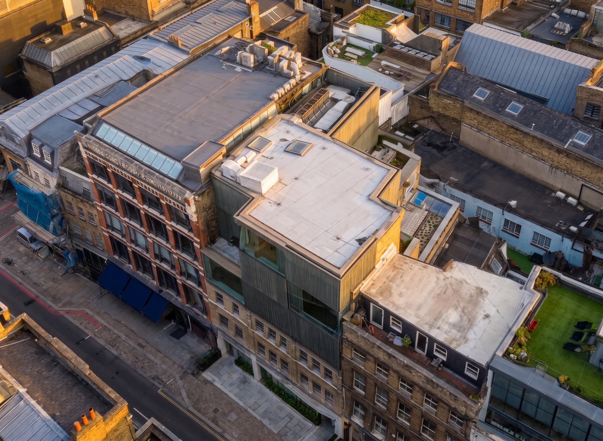Aerial view of 141–145 Curtain Road, Shoreditch, showing the redeveloped upper floors and roof terrace